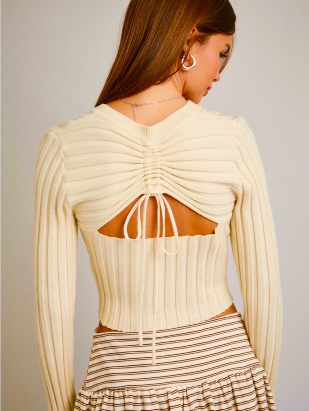 Altar'd State Baby Yellow Ribbed Knit Cutout Back Long-Sleeve Top